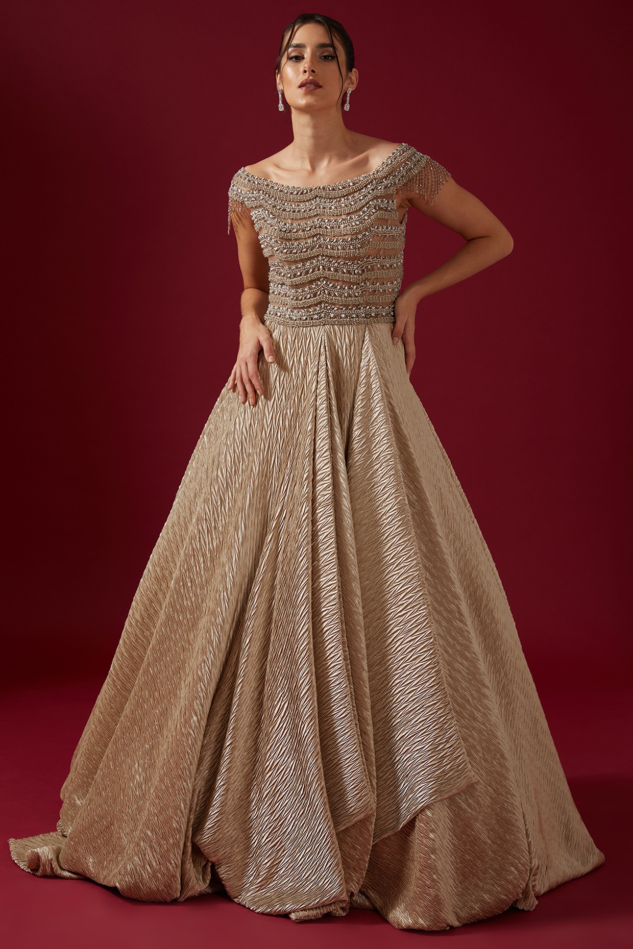 Gold draped Anarkali gown – Ricco India